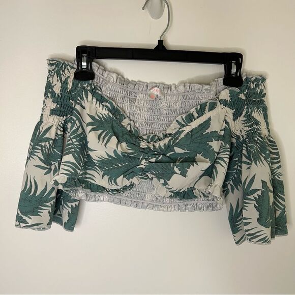 Luxxel | white and green tropical print smocked crop top | Large - Picture 1 of 5